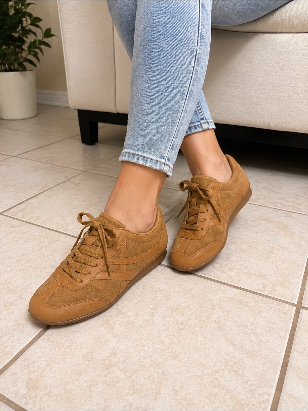 Time and Tru Women's Lace-Up Sneakers in Tan